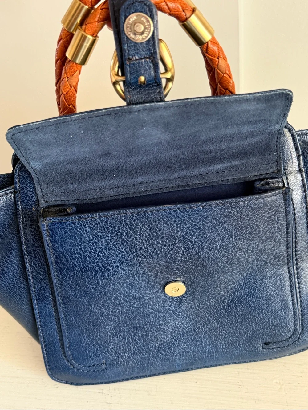 Hidesign Navy Blue Leather Purse Top Handle Satchel Braided Handle Brass accents